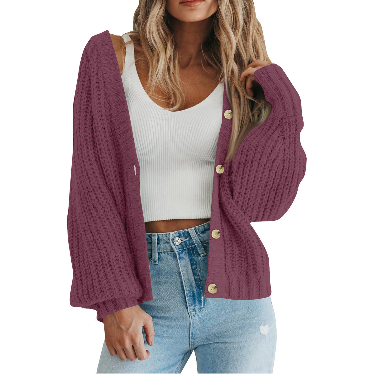 Chunky Knit Balloon Sleeve Button Cardigan