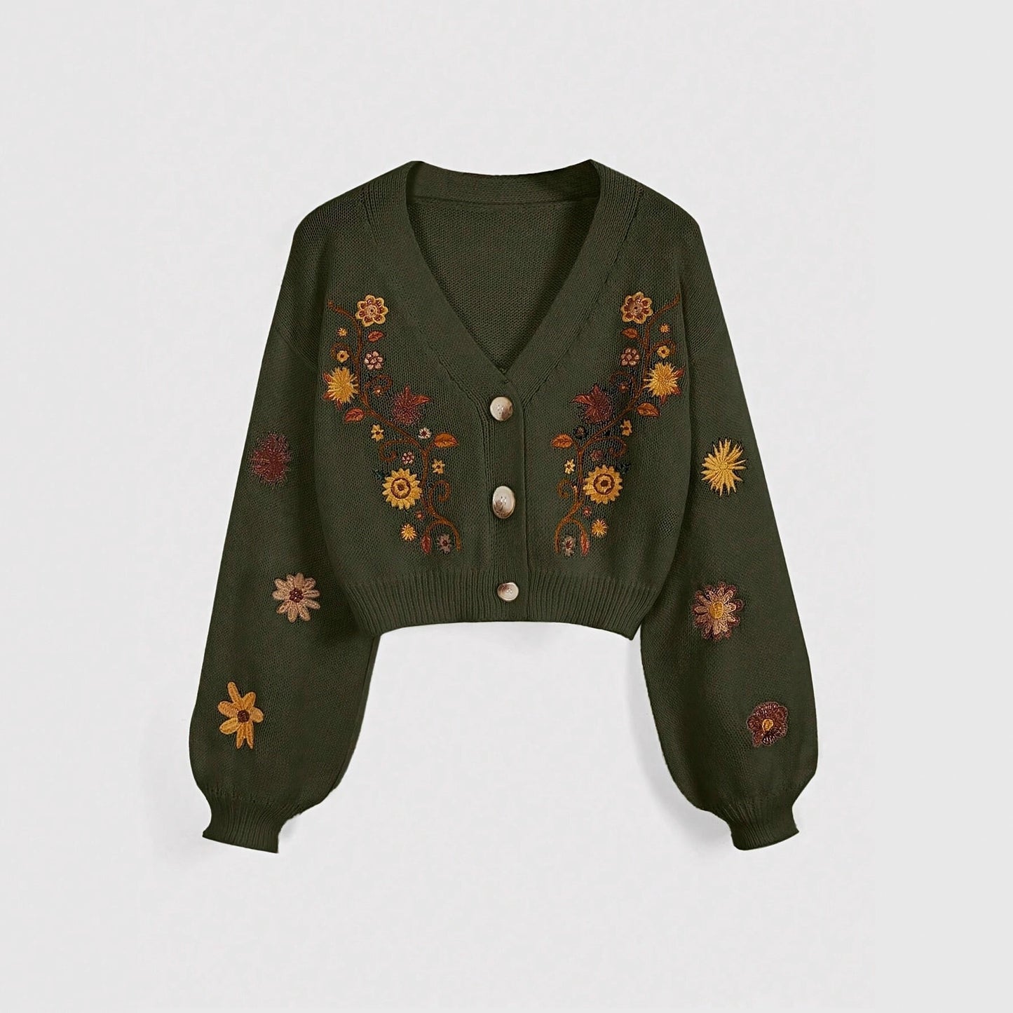 Vintage Floral Embroidered V-Neck Balloon Sleeve Cardigan