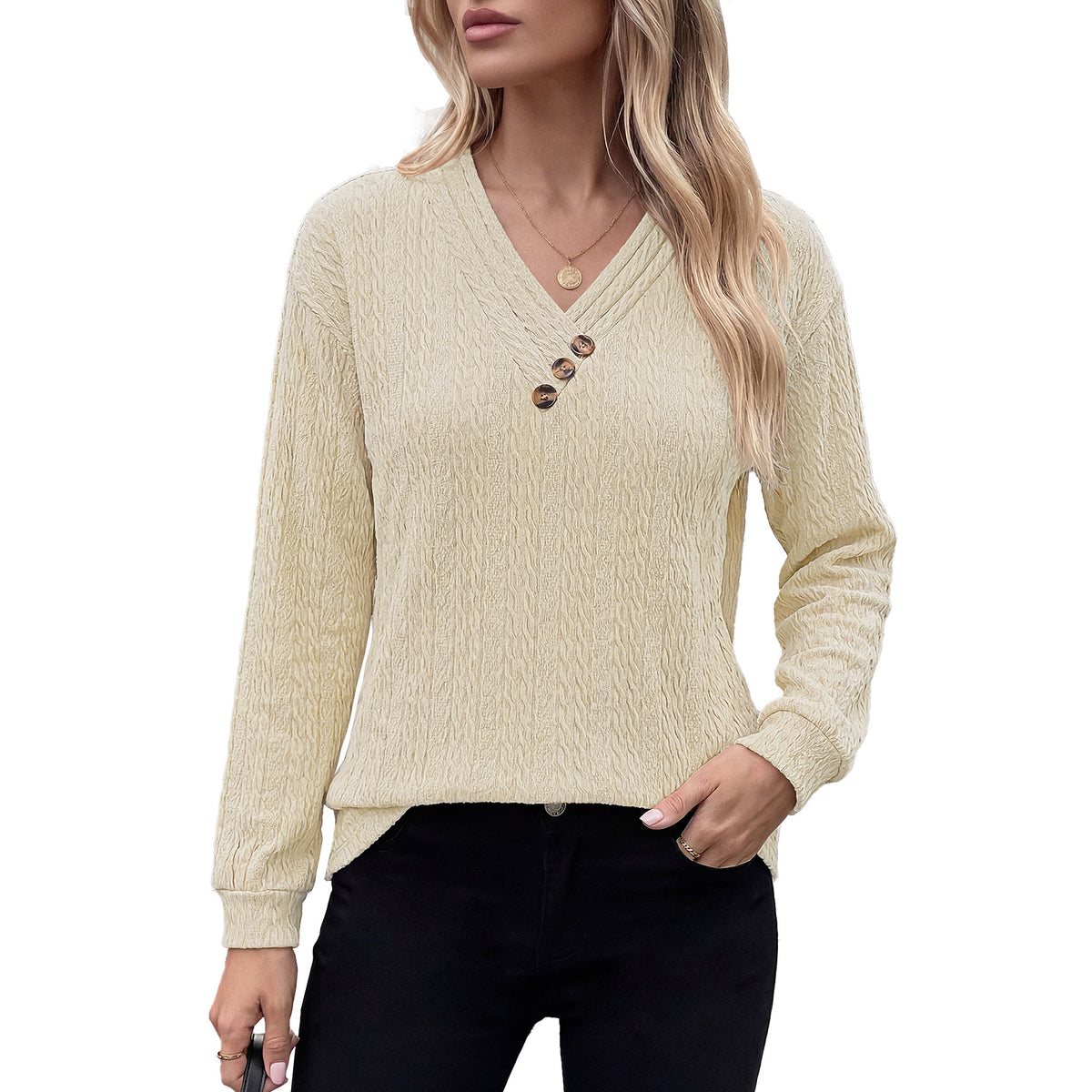 Women's V Neck Button Long Sleeve Textured Casual Blouse