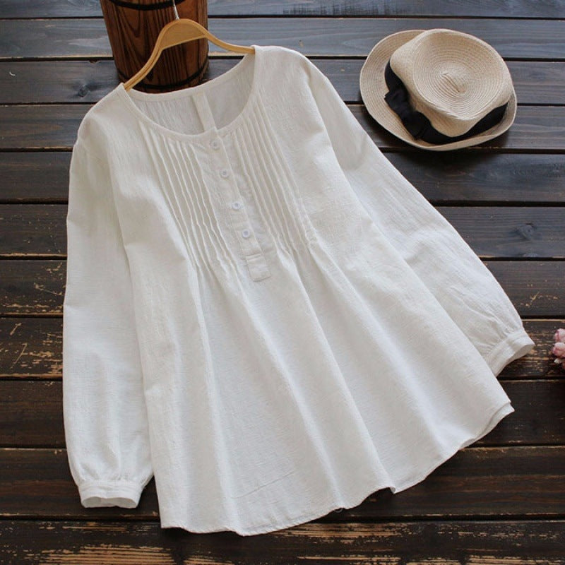 Women's Cotton Linen Pleated Blouse Plus Size Top