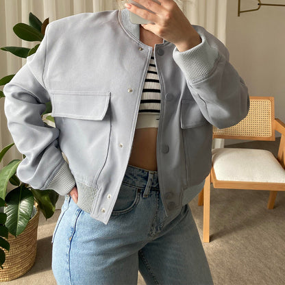 Women's Cropped Stand Collar Jacket with Pockets