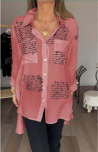 Women's Loose V Neck Letter Print Button Down Shirt