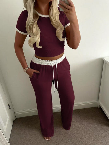 Ribbed Contrast Trim Crop Top Wide Leg Pants Set