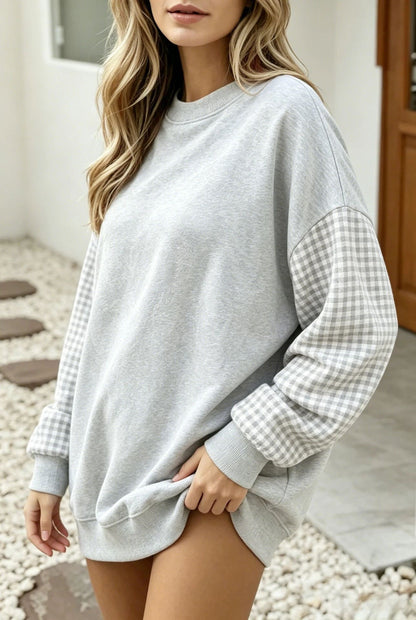 Gingham Sleeve Oversized Crewneck Sweatshirt
