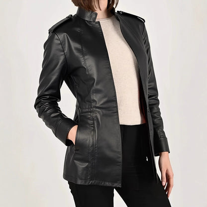 Women's Distressed Faux Leather Jacket Gothic Stand Collar