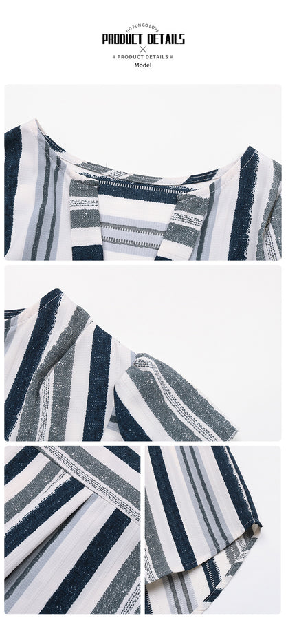 Vertical Stripe Ruffle Sleeve V Neck Summer Blouse