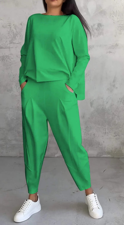 Womens Casual Two Piece Set Long Sleeve Top Pants Pockets