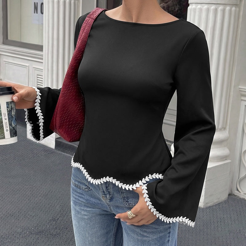 Contrast Lace Trim Boat Neck Flare Sleeve Top