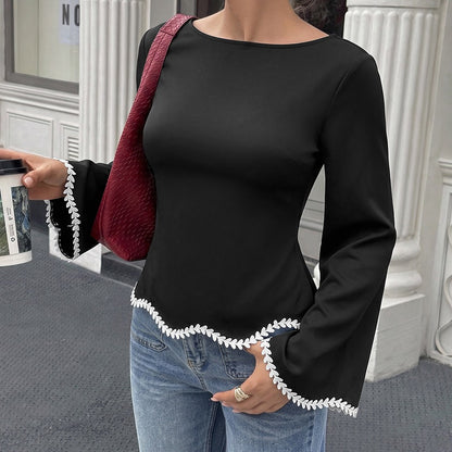 Contrast Lace Trim Boat Neck Flare Sleeve Top
