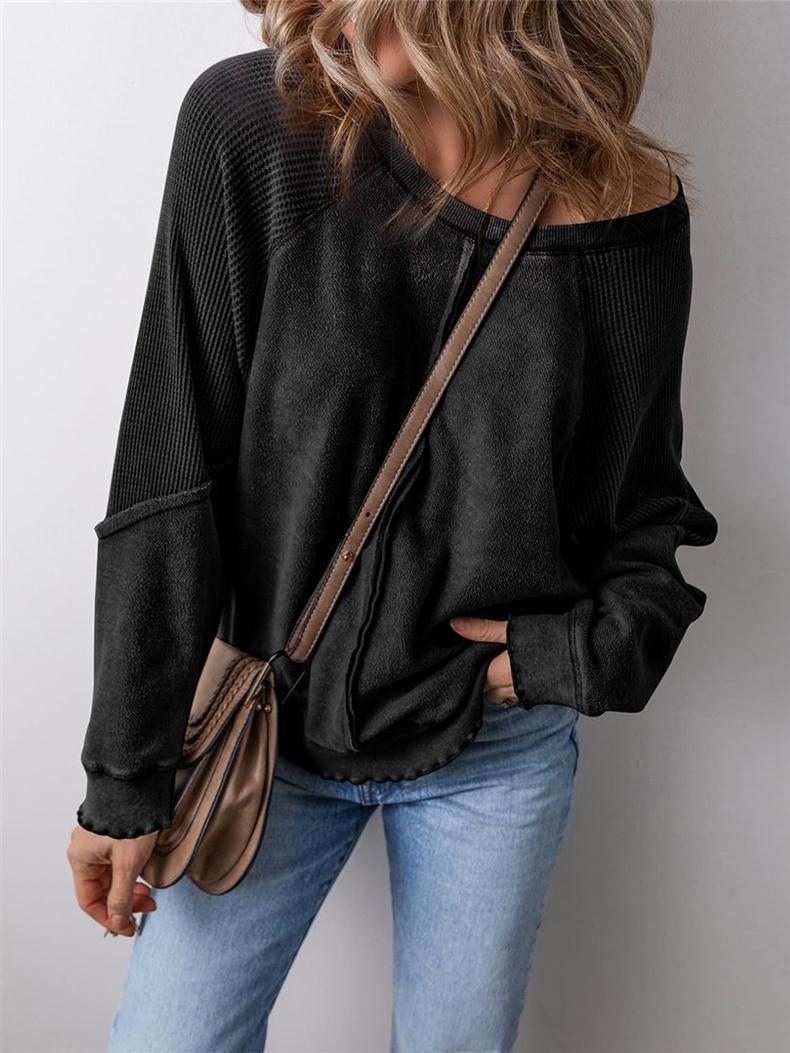 Oversized Patchwork Waffle Knit Crewneck Sweatshirt