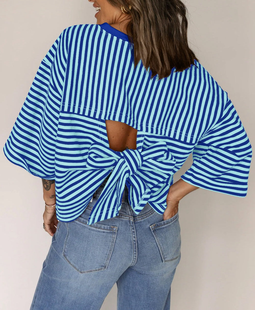 Blue Striped Knit Back Bow Open Back Top Women