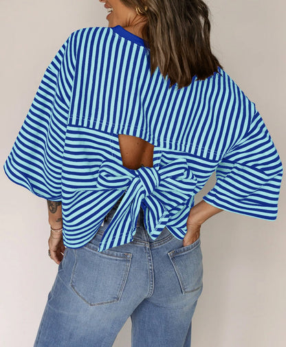 Blue Striped Knit Back Bow Open Back Top Women