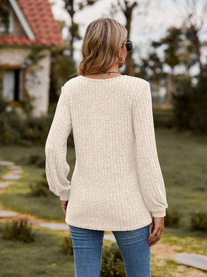Ribbed Button Front Long Sleeve Knit Top for Women