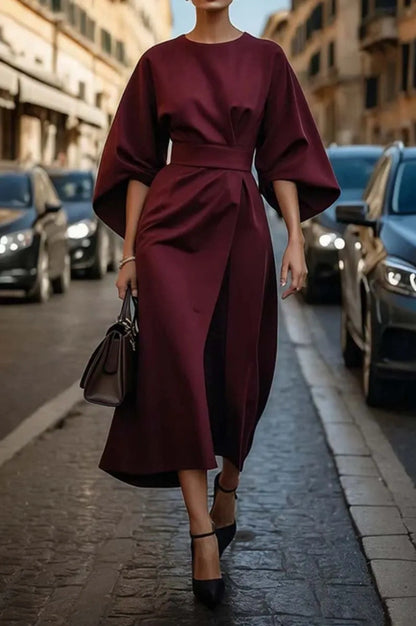 Elegant Batwing Sleeve Tie Waist Maxi Dress