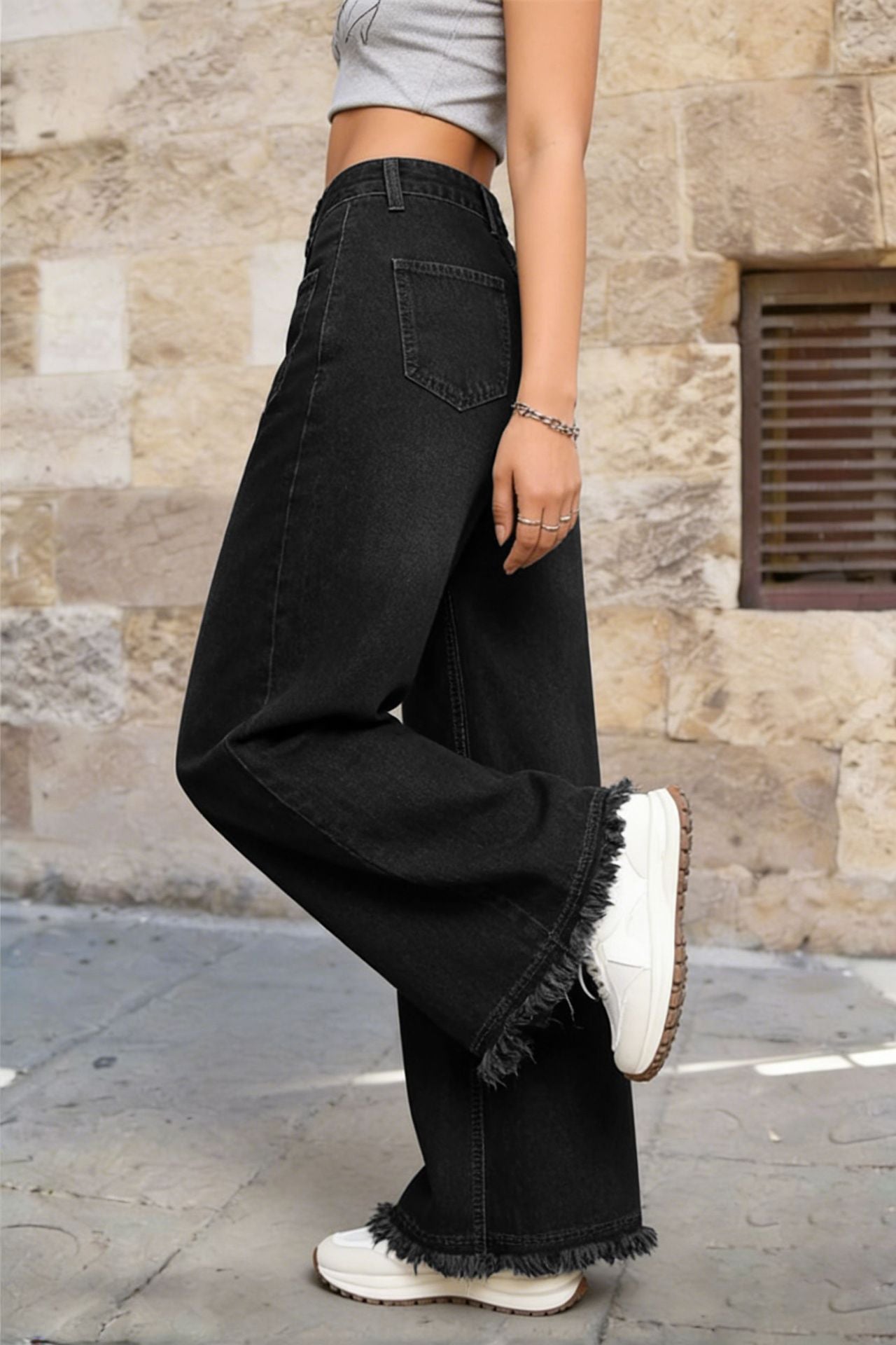 Women's Vintage Washed High Waist Raw Hem Wide Leg Jeans
