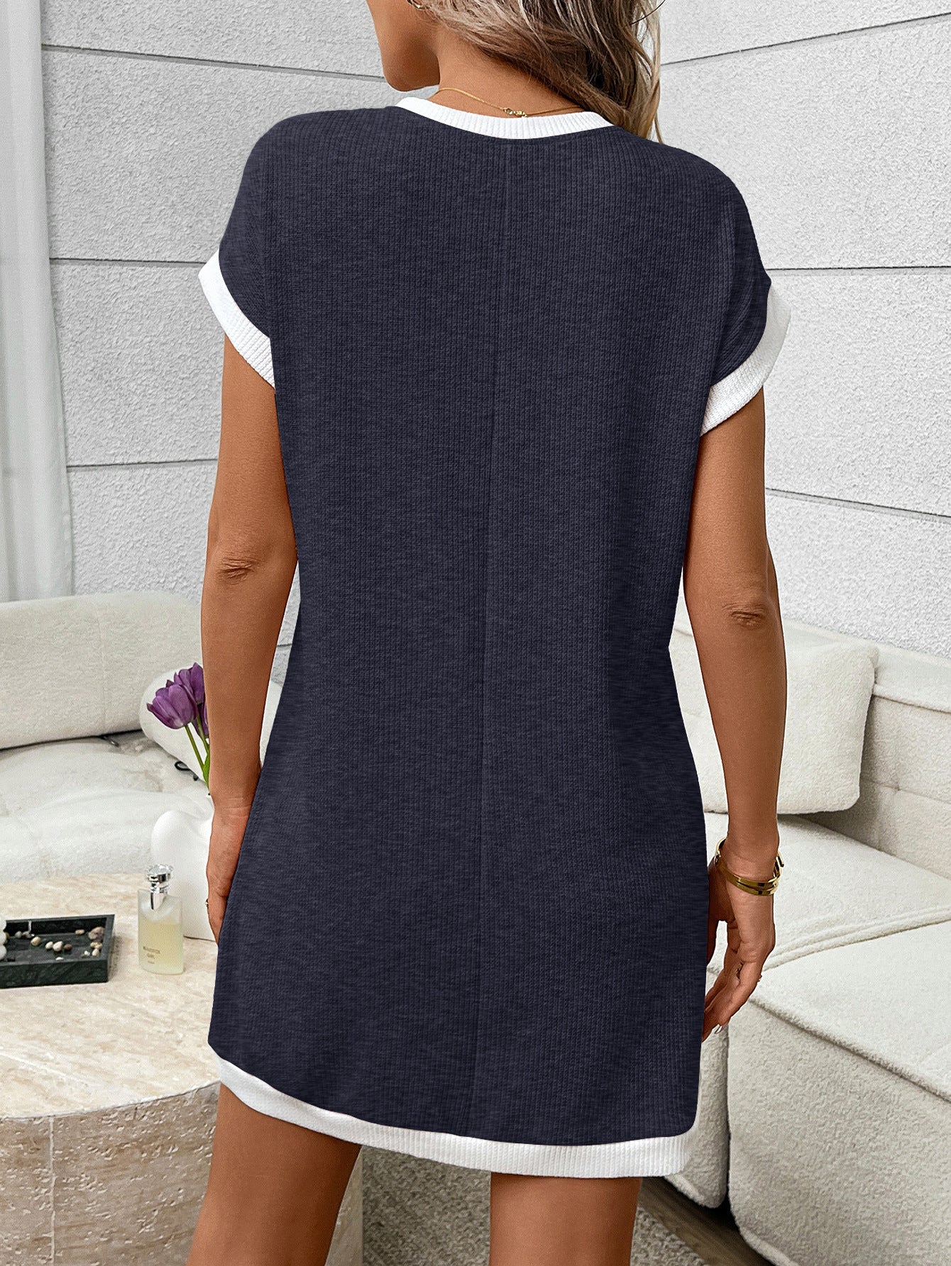 Navy Contrast Trim Pocket T Shirt Dress Casual Shift