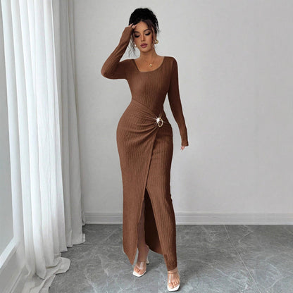 Wine Red Asymmetric Neck Knit Maxi Dress Women