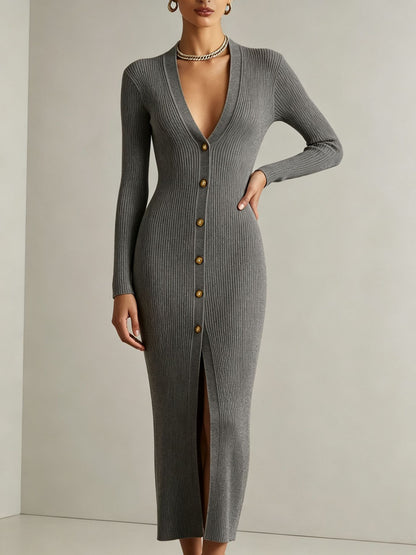 V-Neck Long Sleeve Ribbed Button Front Midi Sweater Dress