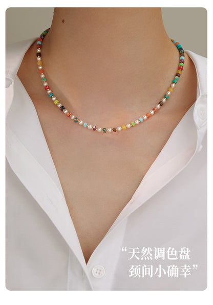 Dopamine Rainbow Beaded Pearl Necklace Colorful Layered Jewelry