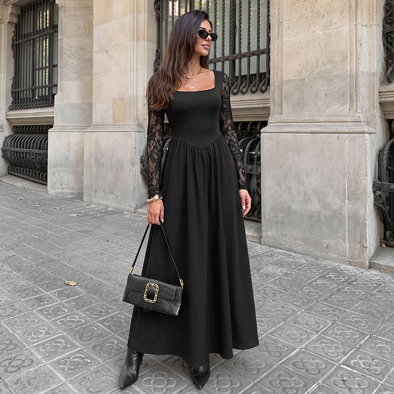 Black Lace Sleeve Square Neck Midi Dress Elegant Fit