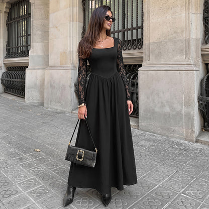 Black Lace Sleeve Square Neck Midi Dress Elegant Fit