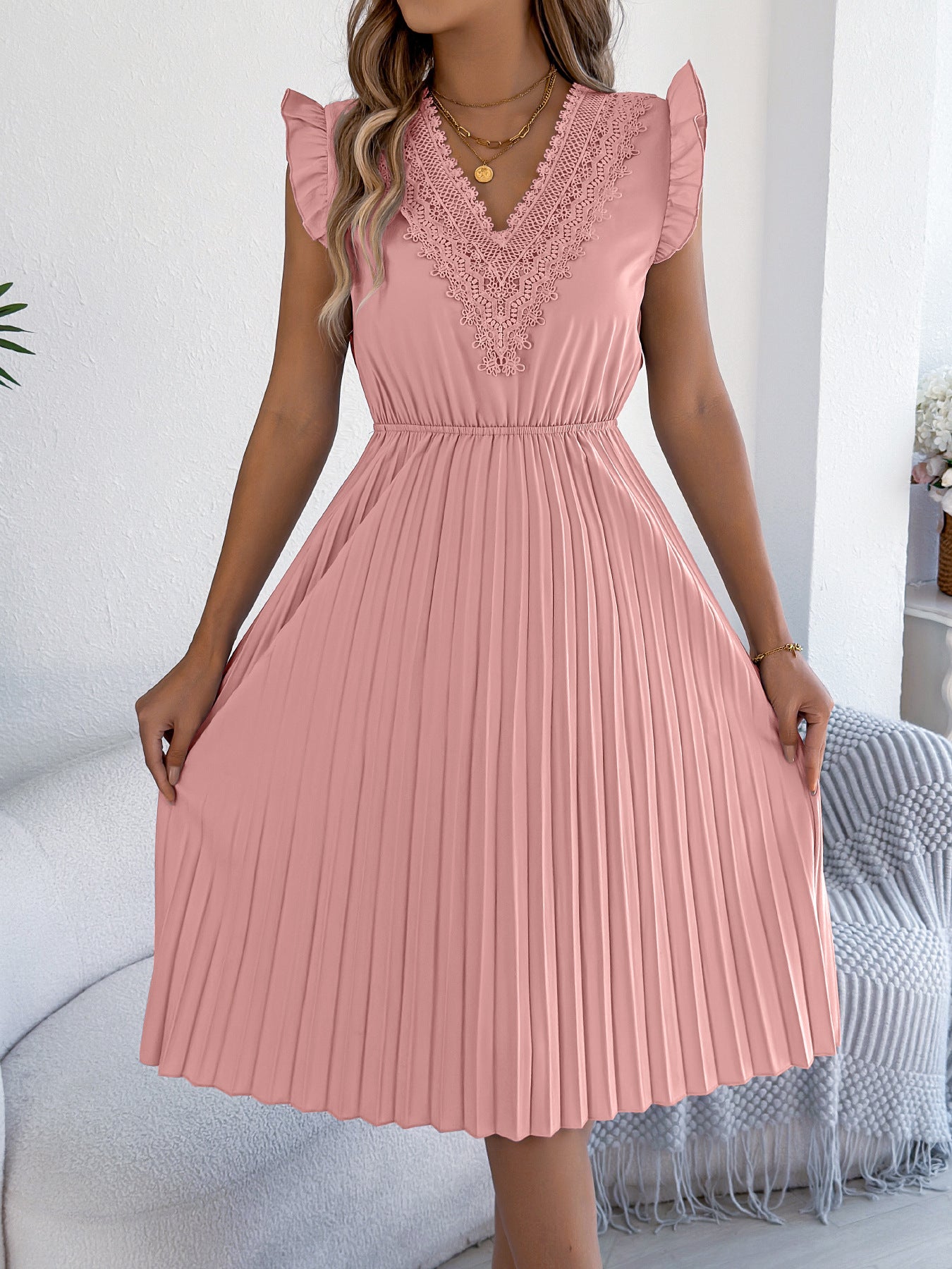 Lace V Neck Pleated Midi Dress with Ruffle Sleeves