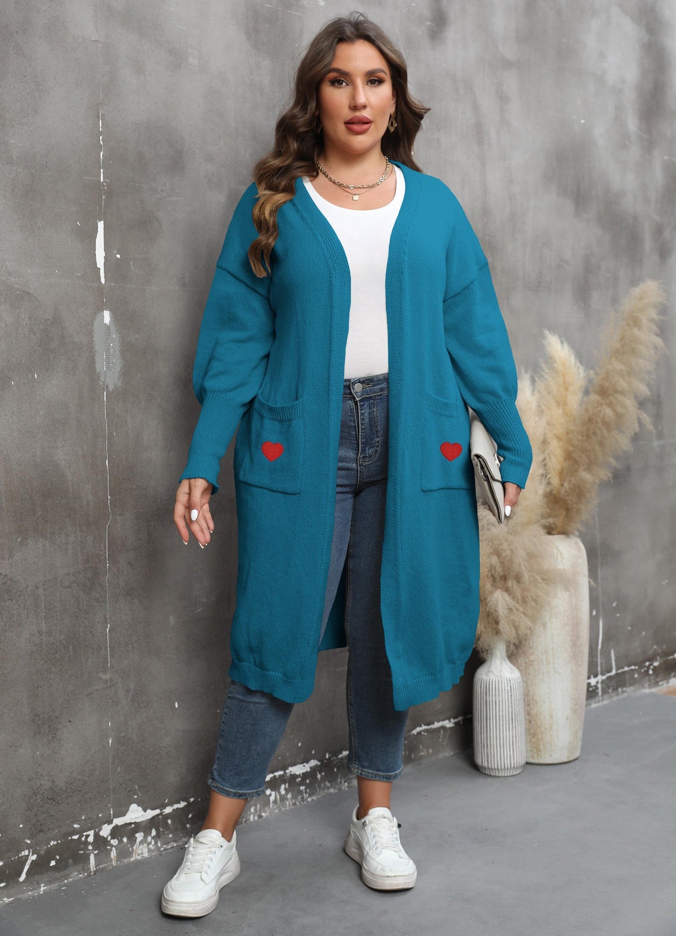Women's Loose Medium and Long Double Pocket Lantern Sleeve Sweater Cardigan Jacket