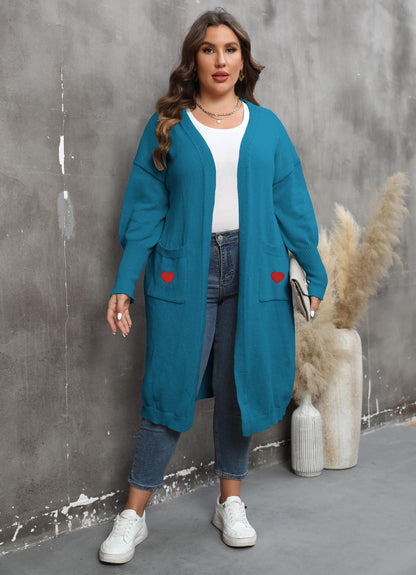 Women's Loose Medium and Long Double Pocket Lantern Sleeve Sweater Cardigan Jacket