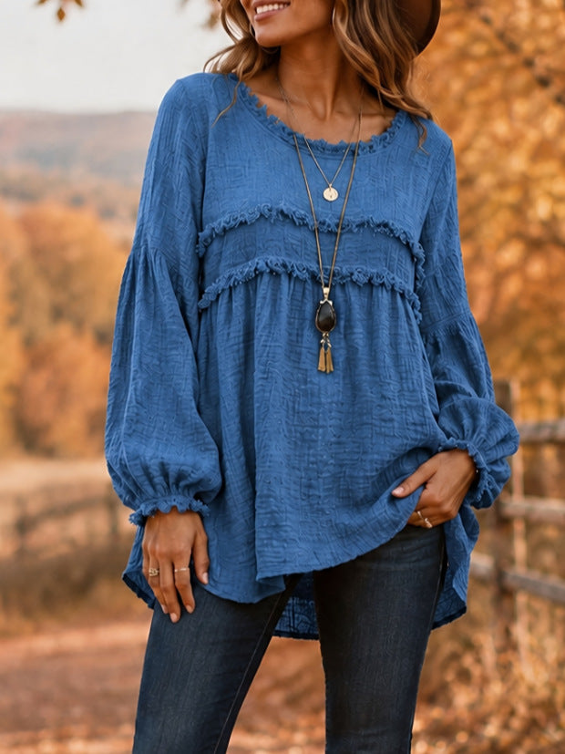 Women's Fringe Tiered Long Sleeve Flowy Textured Top