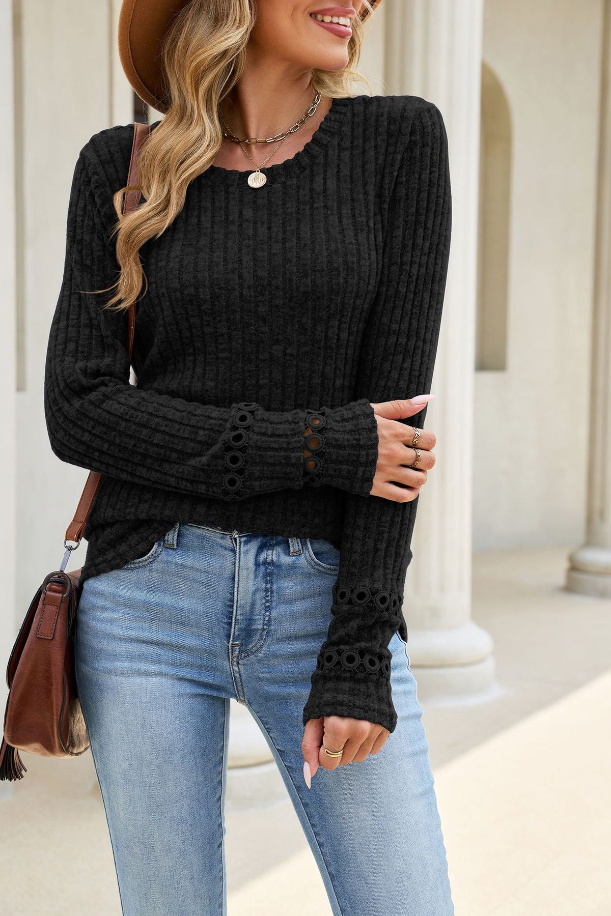 Women's Lace Cuff Waffle Knit Long Sleeve Tunic