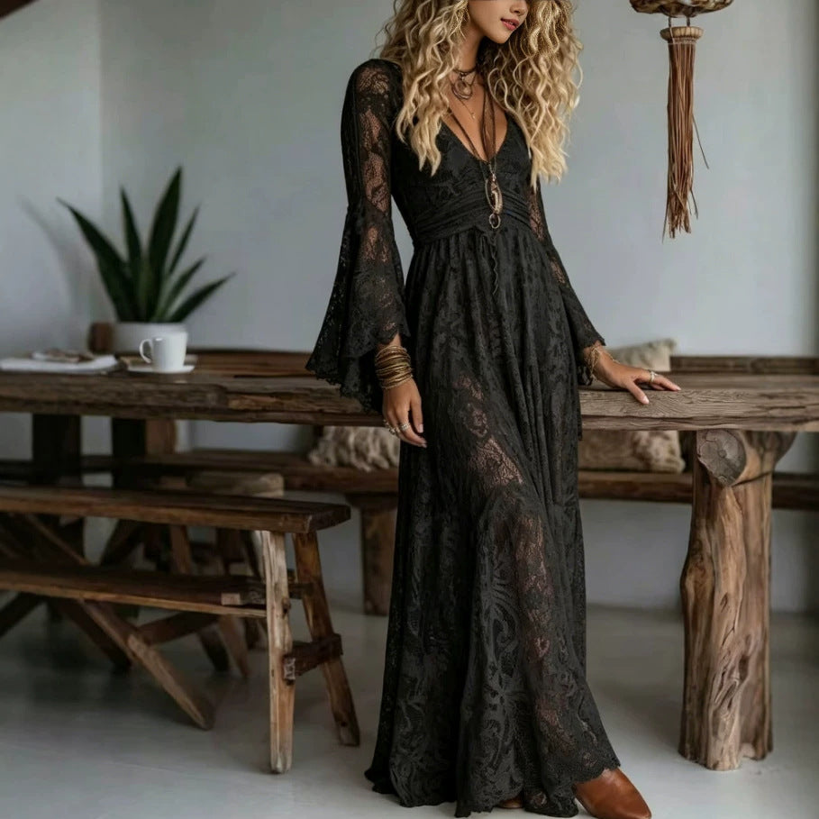 Boho Lace Bell Sleeve Maxi Dress Deep V-Neck