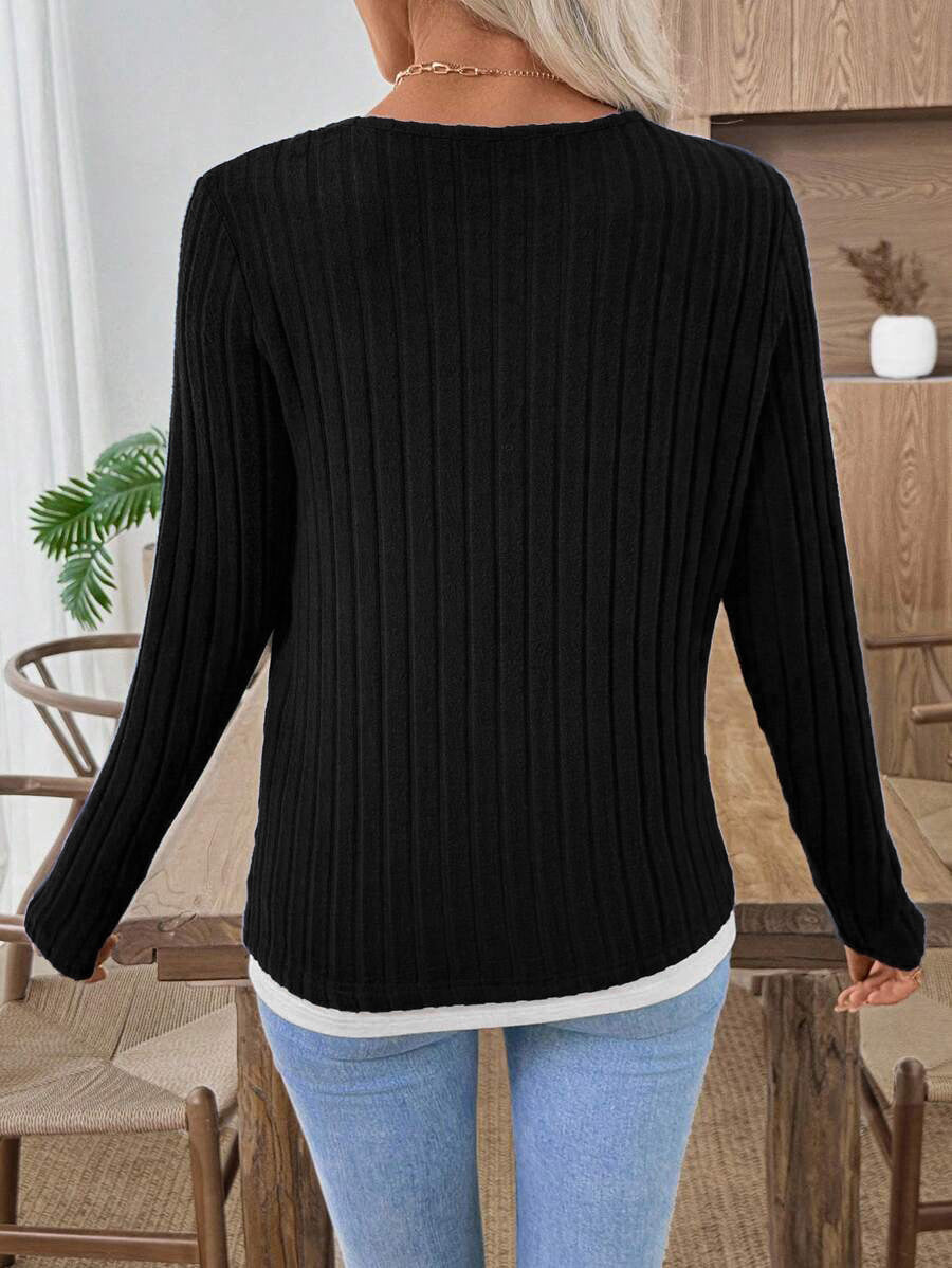 Ribbed Faux Layered Henley Long Sleeve Casual Top