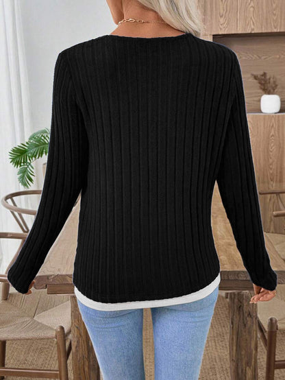 Ribbed Faux Layered Henley Long Sleeve Casual Top