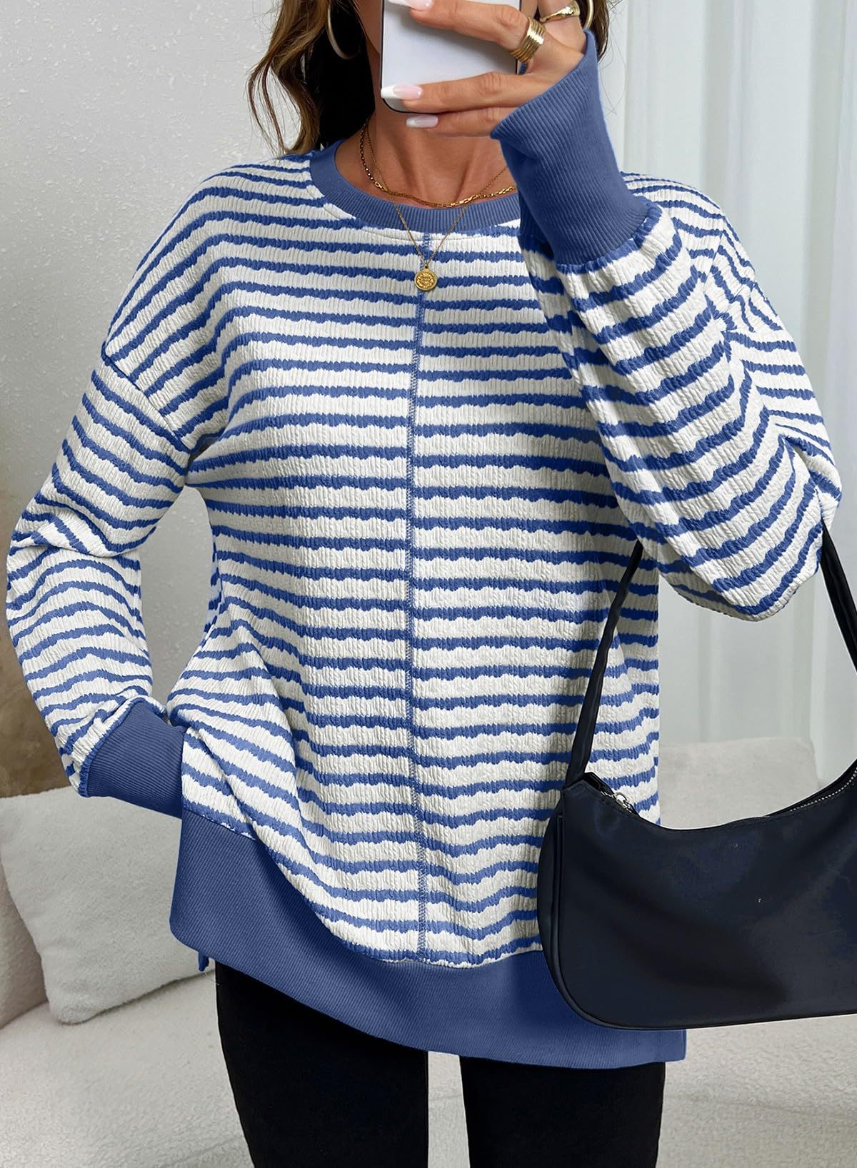 Women's Oversized Striped Crewneck Sweatshirt Side Slit