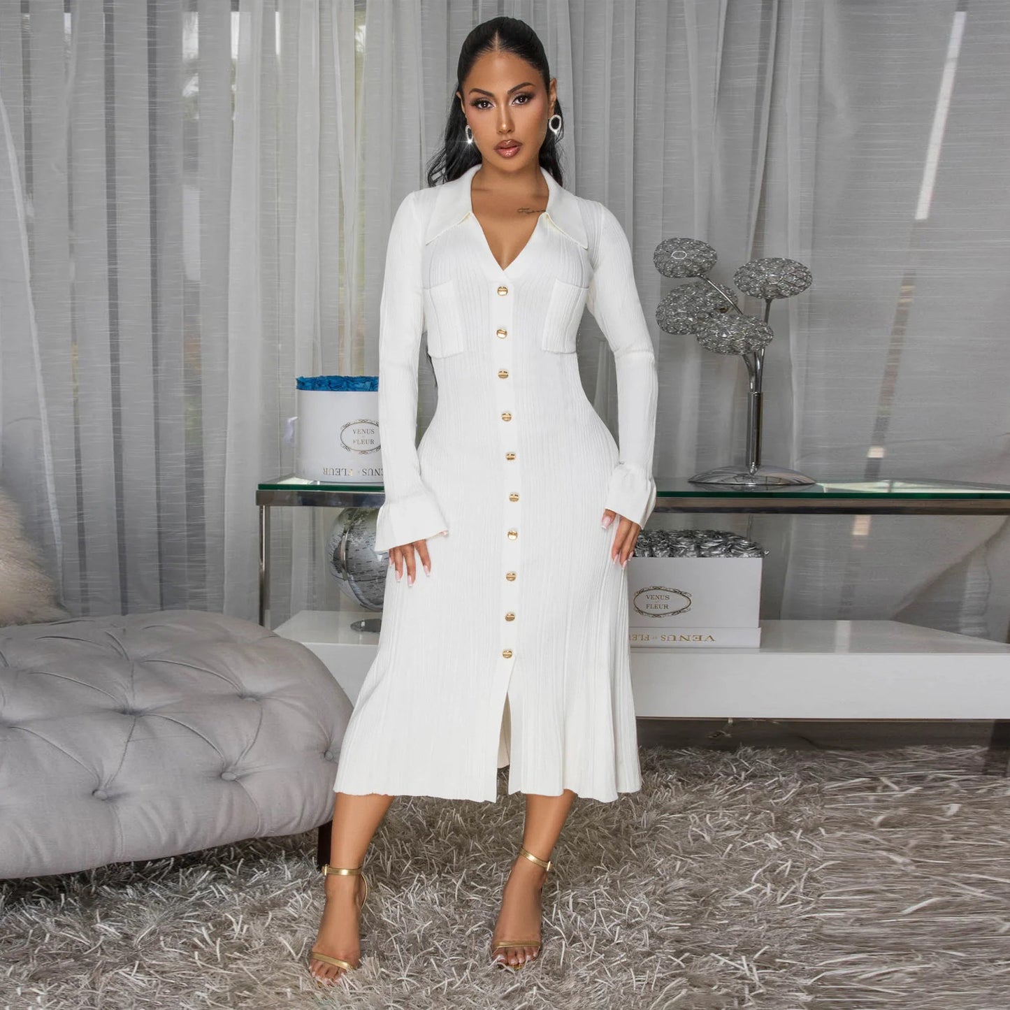 Women's Ribbed Button Front Midi Dress Long Sleeve V Neck
