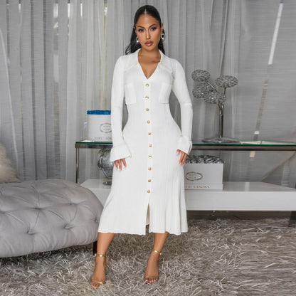 Women's Ribbed Button Front Midi Dress Long Sleeve V Neck