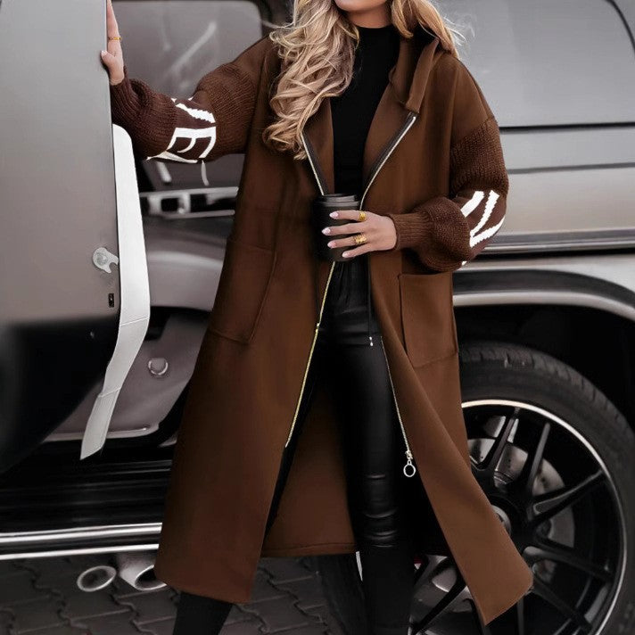 Women's Long Hooded Coat Knit Sleeve Patchwork Jacket