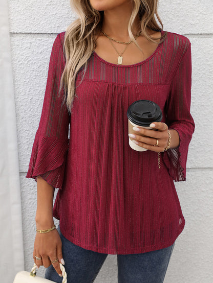 Elegant Round Neck Lotus Leaf Sleeve Mesh Top