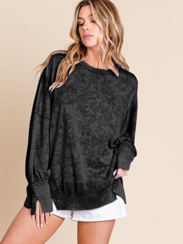 Acid Wash Oversized Sweatshirt Side Slit Drop Shoulder