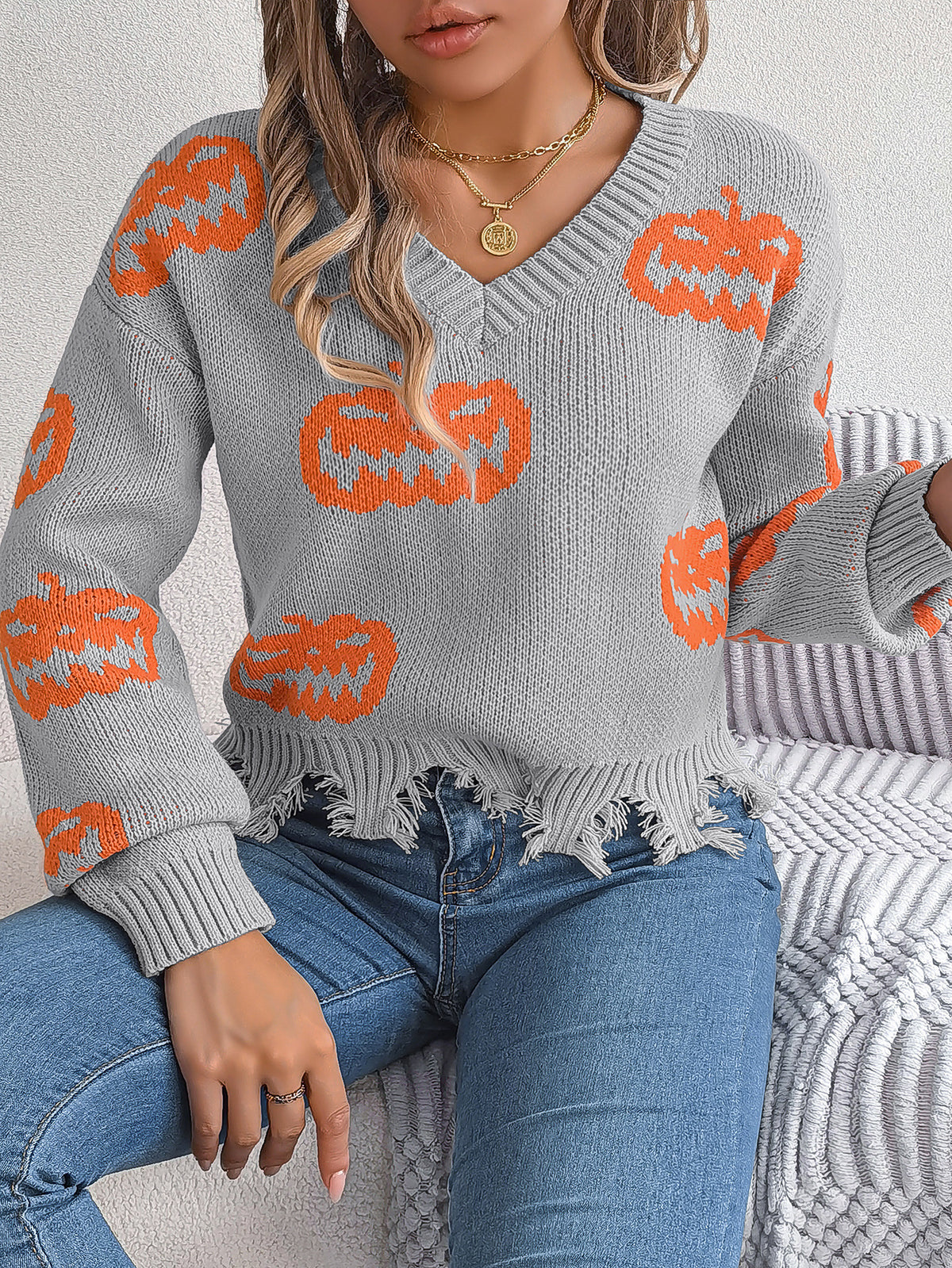 Women's Halloween Pumpkin Distressed V Neck Sweater Fall