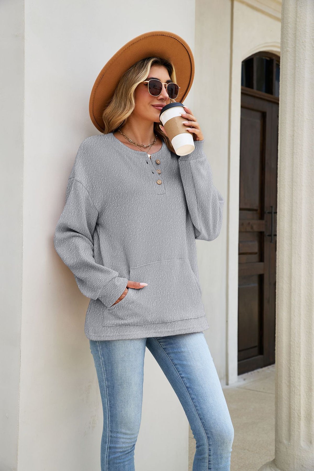 Women's Waffle Knit Henley Long Sleeve Pocket Top