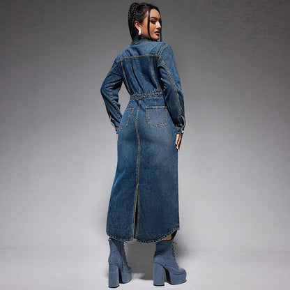 Vintage Denim Maxi Dress Long Sleeve Button Front Jean