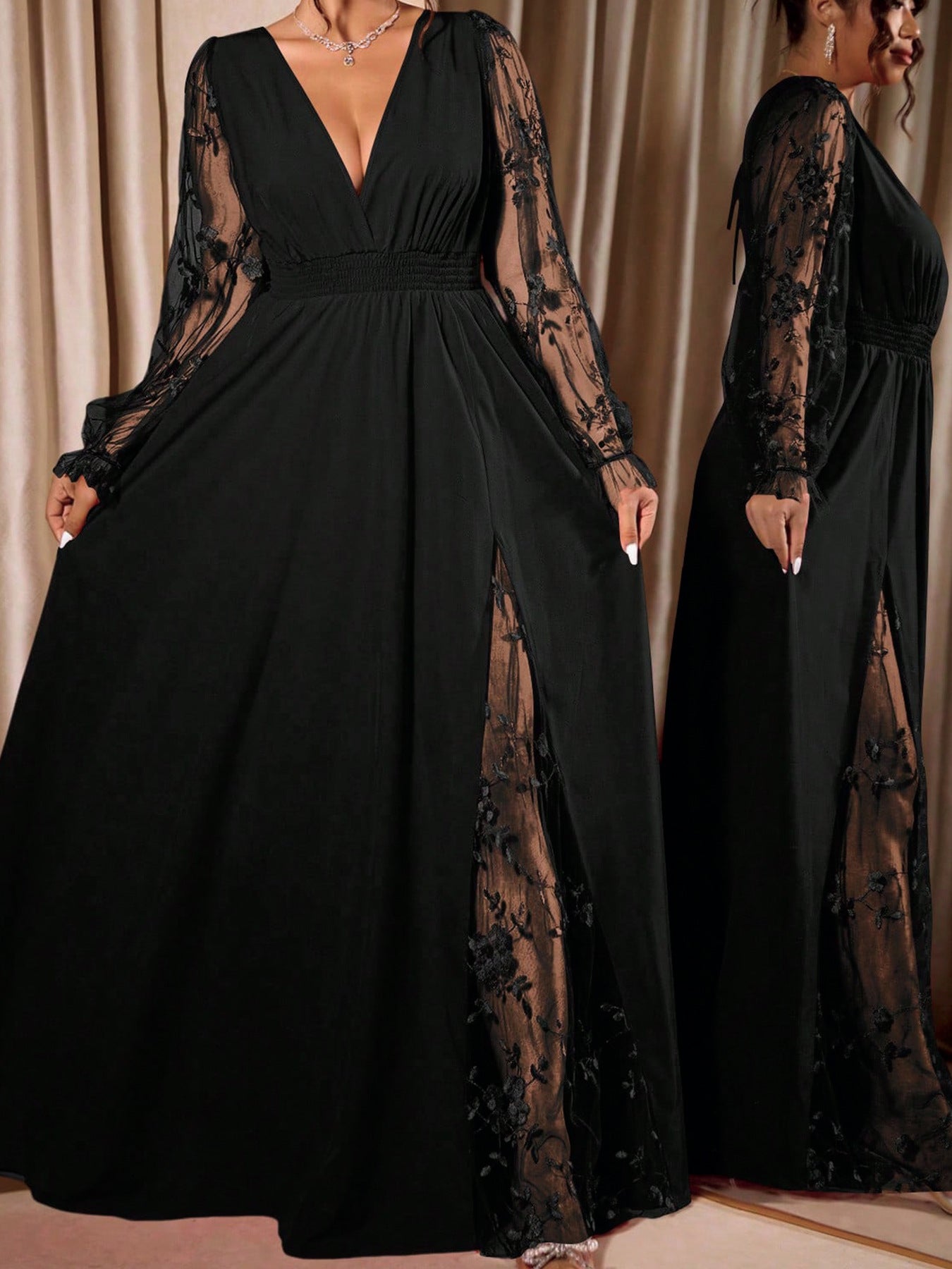 Plus Size Lace V Neck Slit Evening Maxi Dress