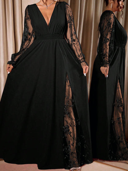 Plus Size Lace V Neck Slit Evening Maxi Dress