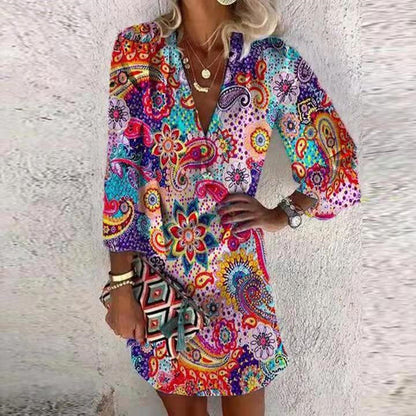Women's Boho Floral V-Neck Button Front Mini Dress