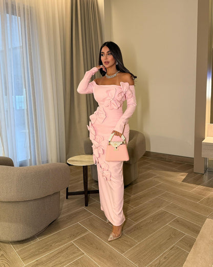 Pink Off Shoulder Long Sleeve Floral Bodycon Maxi Dress