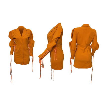 Women's Lace Up Puff Sleeve Blazer Dress Cinched Waist