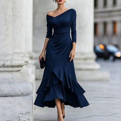 Off Shoulder V Neck Ruched Ruffle Midi Dress Long Sleeve