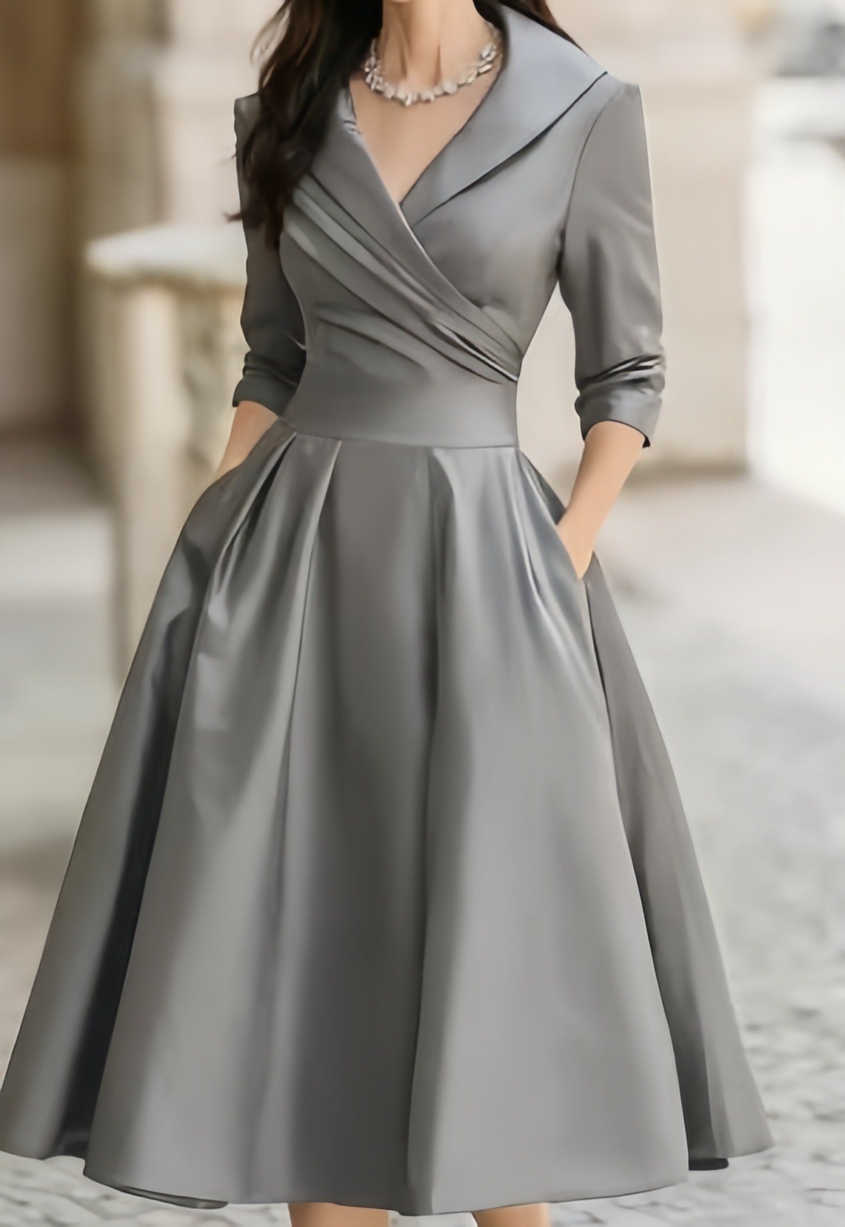 Satin Wrap Dress Long Sleeve Midi A-Line Cocktail