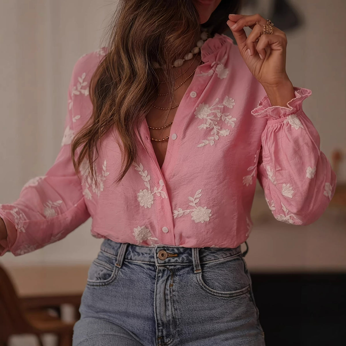 Boho Floral Embroidered Balloon Sleeve Button Down Blouse